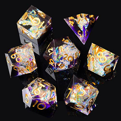 Sharp Edge DND Dice Set Handmade 7 Accessories Dice for Dungeons and Dragons TTRPG Games, Multi-Sided RPG Polyhedral Resin Sharp Edge Dice Roleplaying Games - color: Sequin Purple