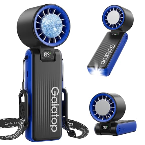Gaiatop Portable Handheld Turbo Fan with Ice Cooler, 6000mAh, Max 32H | Cooling Fan Portable LED Light, 199-Speed Personal Fan, Rechargeable Hand Held Fans, Outdoor Travel essentials Classic Blue