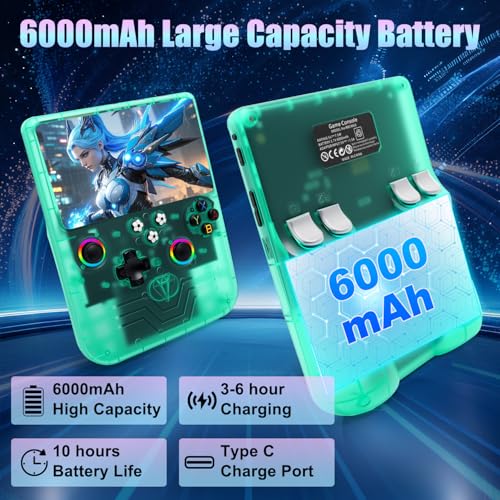 R60 Max Handheld Game Console, 128GB Retro Gaming Console with 40,000+ Games, 6-Inch IPS Screen, Linux System, RGB Joysticks, 6000mAh Rechargeable Portable Gaming System (Transparent Green) - color: Transparent Green