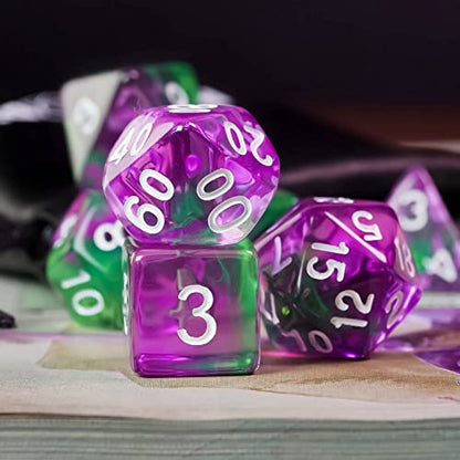 7-Die DND Dice Set Polyhedral Dice Set with a Leather Dice Bag, D&D Dice Set for RPG Table Games (T/Purple Green) - color: T/Purple Green