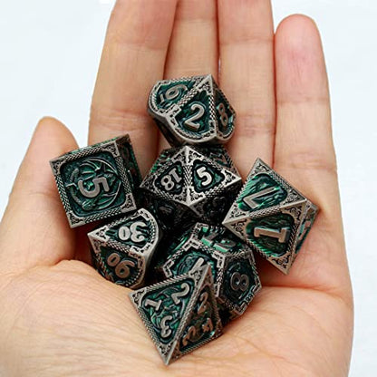 Haxtec DND Dice Set Metal D&D Dice Set with Leather Dice Bag Antique Iron Green Metal Polyhedral Dice Compatible with Dungeons and Dragons TTRPG Gifts - color: Iron Green