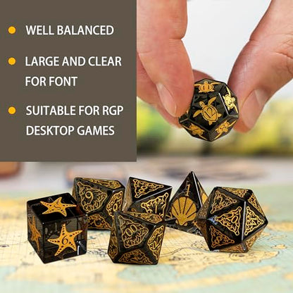 LUCKY-M Turtle Dice DND Set 7PCS, Polyhedral Dice D&D for Dungeons and Dragons, Black Dice with Case for RPG MTG Tabletop Games Men & Women Gift(Black) - color: Pt-black