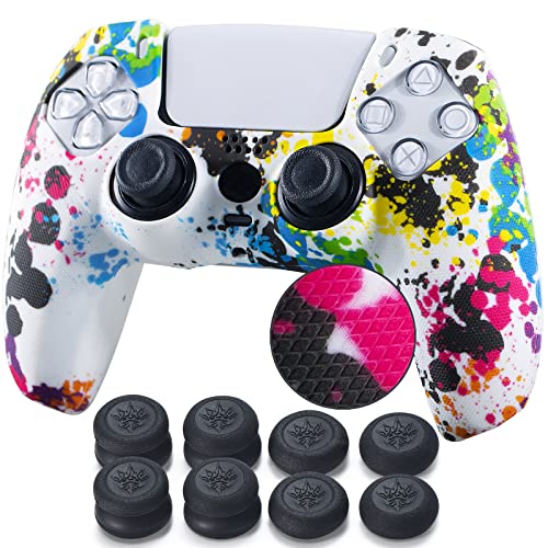 Studded Printing Silicone Cover Skin Case for PS5 Controller x 1(Graffiti) with Pro Thumb Grips x 8