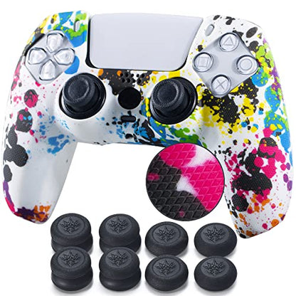 Studded Printing Silicone Cover Skin Case for PS5 Controller x 1(Graffiti) with Pro Thumb Grips x 8