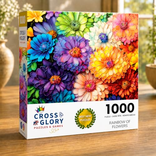Cross & Glory | 1000 Piece Jigsaw Puzzles for Adults | Rainbow of Flowers | Flower Puzzles for Adults | 2mm Thick Pieces | Bonus Reference Poster | Satin Finish | Ages 14+ - color: Rainbow of Flowers