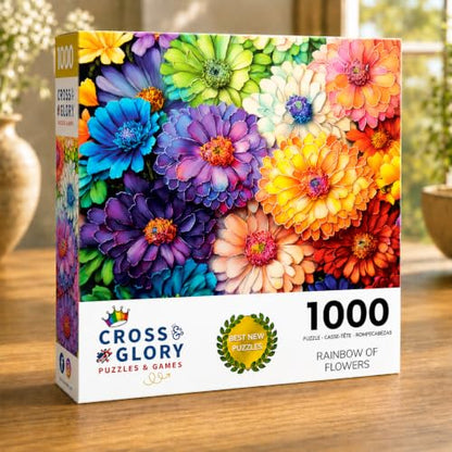 Cross & Glory | 1000 Piece Jigsaw Puzzles for Adults | Rainbow of Flowers | Flower Puzzles for Adults | 2mm Thick Pieces | Bonus Reference Poster | Satin Finish | Ages 14+ - color: Rainbow of Flowers