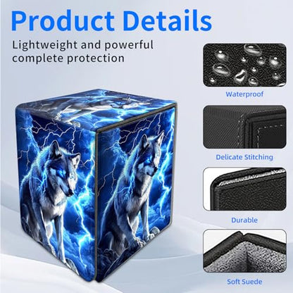 for MTG Deck Box, Commander Deck Case Fits 100 Double Sleeved Cards, PU Leather Storage Box, Compatible with Magic/TCG/PTCG/EDH/Sport Cards,Blue Wolf Lightning - color: Blue Wolf Lightning