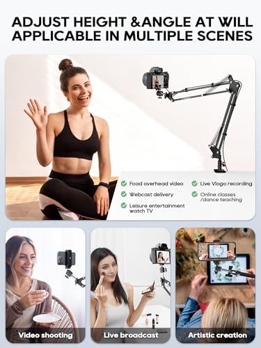CACENCAN Overhead Camera Mount, 5lb Horizontal Load-Bearing, 360° Adjustable Stand for Desk, Flexible Arm Desk Mount, with Phone Clamp, Tabletop Mount for DSLR Camera/Webcam/Microphone（White - color: White