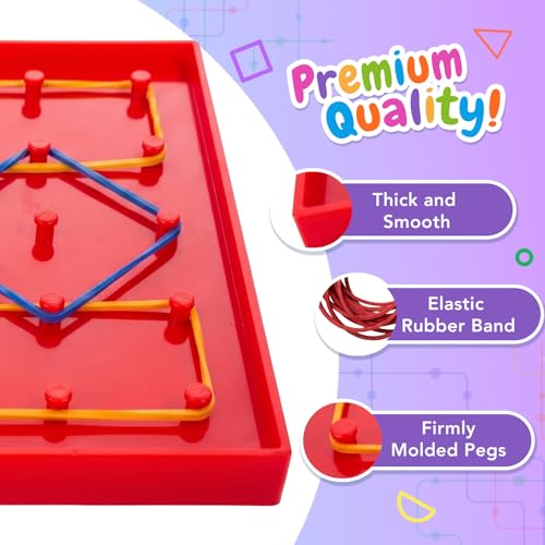 6 Pack Double-Sided Geoboard Math Preschool Classroom Manipulative for Kids | Geo Board Set with Rubber Bands and 15 Pattern Cards for STEM Shapes, Classroom Must Haves, Fine Motor Games for Kids Party