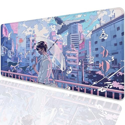 Japanese Fantasy City Boy Mouse Pad Desk Pad,Cute Kawaii Anime Mousepad,Large Extended Gaming Mouse Mat with Stitched Edges Non-Slip Waterproof Rubber Base Mous Mat for Desk Pad(27.5X11.8 in) - color: Japanese Animation