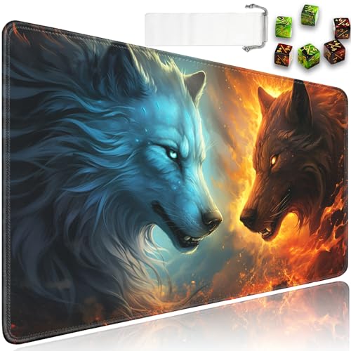 for MTG Playmat + Drawstring Travel Pouch + 6 Dice Counter, for Trading Card Game Playmats or Mouse Pad, Anti-Slip Rubber 24 x 14 in, Fire and Ice Wolf for TCG Playmat (No with Zone) - color: JV-Playmat-5-1-A25