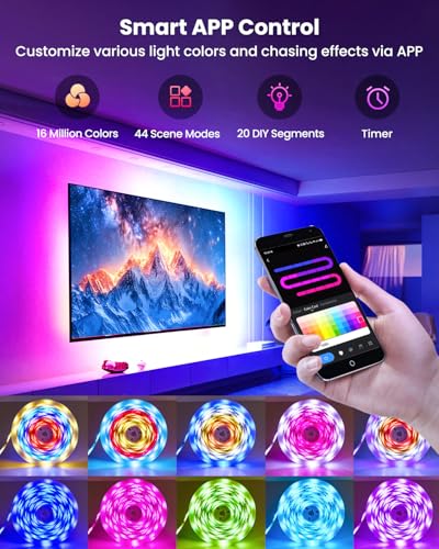 16.4ft RGB+IC LED Lights for 50-75 Inch TV, Backlight Strip Behind TV with Music Sync, Bluetooth APP and Voice Control, 44 Scene Modes, for Ambient Mood Lighting, Monitor Game, Bedroom, Living Room - size: 16.4FT