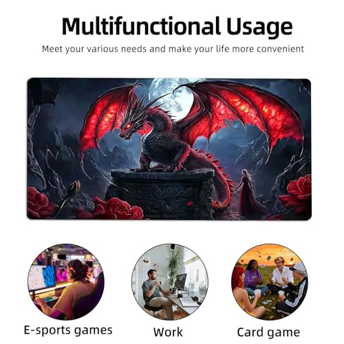 for MTG Playmat TCG Card Game Mat with Stitched Edges,Board Game Mats Non-Slip Waterproof Rubber Base 24 x 14 inch for CCG RPG DTCG Trading Card,Red Dragon Moon - color: Red Dragon Moon