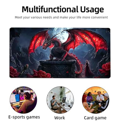 for MTG Playmat TCG Card Game Mat with Stitched Edges,Board Game Mats Non-Slip Waterproof Rubber Base 24 x 14 inch for CCG RPG DTCG Trading Card,Red Dragon Moon - color: Red Dragon Moon