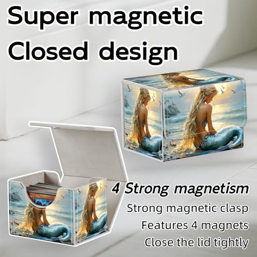 Trading Card Storage Box, Holds 100+ for MTG Cards, PU Leather with Magnetic Closure, Blonde Mermaid on Beach at Sunset Durable Deck Box for Magic the Gathering, Trading Card Games - color: Blonde Mermaid on Beach at Sunset