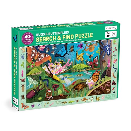Mudpuppy Bugs & Butterflies — 64 Piece Search & Find Puzzle Jigsaw Puzzle Featuring Diverse Bugs and Insects and Over 40 Hidden Images to Find for Ages 4+ - color: Bugs & Butterflies