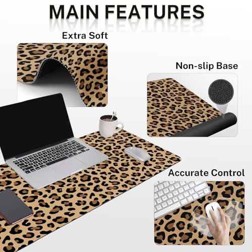 Arttown Keyboard Mouse Pad Set, 4 in 1 Desk Mat Set Leopard Cheetah | Animal Brown Black Large Mousepad+Keyboard Wrist Rest+Mouse Wrist Rest+Coaster Ergonomic Design for Home Office Computer - color: Leopard Print 1