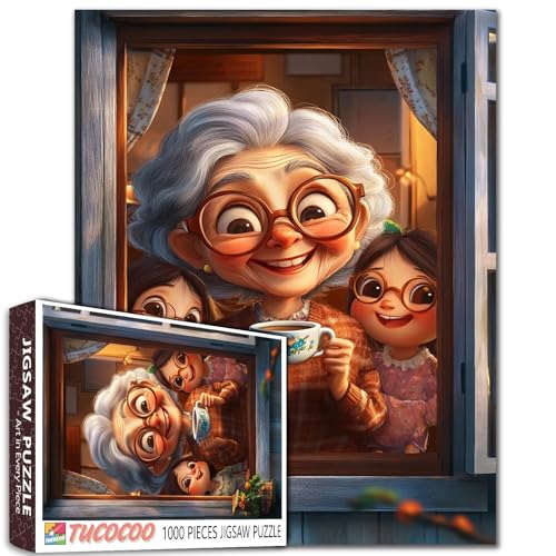 Grandma's Drinking Coffee On The Windowsill 1000 Piece Jigsaw Puzzle for Adults Students Two Cute Little Girl Granddaughters 20×27 Inches Puzzles Unique Art Gift Home Decor Fun Family Activity - color: Puzzle-grandma-01