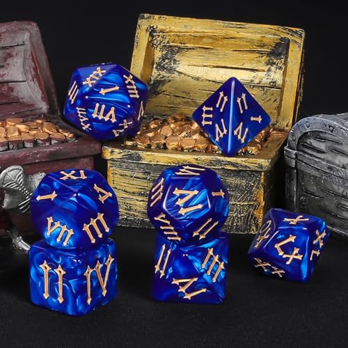 CiaraQ 7pcs Polyhedral Dice Set for Dungeon and Dragons MTG Table Games | Acrylic Role Playing Dice for D&D with Black Velvet Bag – Blue Pearl with Gold Roman Numerals - color: Blue Dice - Roman Font