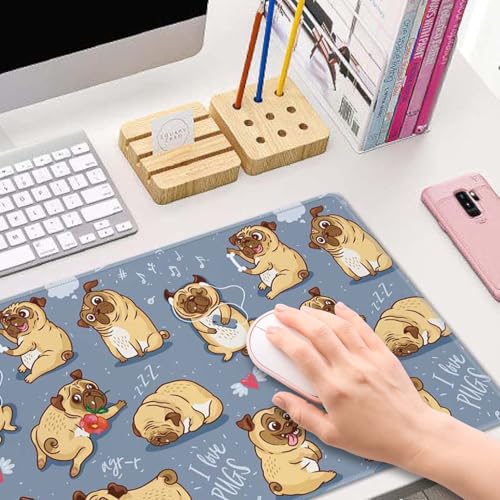 Gaming Mouse Pad Large,Cartoon Pug Pupies Mouse Pad Gaming Mouse Mat Desk Pad,31.5 x 11.8 Desk Mat Mouse Pads for Desk,Extended Keyboard Mousepad with Non-Slip Base and Stitched Edge - color: Cartoon Pug Pupies