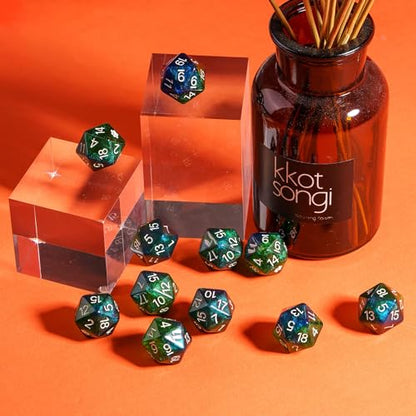 10-Pack Green D20 Dice Glitter 20 Sided Dice for DND Tabletop Games | Leather Storage Bag, DM Gift, for Dungeons and Dragons Role Playing Games - color: 10pcs D20 Blue Mixed Green
