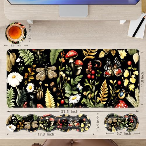 Large Mouse Pad and Keyboard Wrist Rest, Desk Pad for Keyboard and Mouse, 4-in-1 Large Gaming Mouse Pad with Wrist Support, Desk Mat for Home Office Study Game,Mushroom Butterfly Flower - color: Mushroom Butterfly Flower