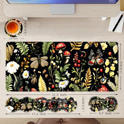 Large Mouse Pad and Keyboard Wrist Rest, Desk Pad for Keyboard and Mouse, 4-in-1 Large Gaming Mouse Pad with Wrist Support, Desk Mat for Home Office Study Game,Mushroom Butterfly Flower - color: Mushroom Butterfly Flower