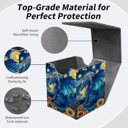 BVDIKMI Card Deck Box for MTG, Card Storage Box Fits 100+ Single Sleeved Cards, PU Leather Strong Magnet Card Deck Case Holder for Magic Commander TCG CCG, Sunflowers Blue Dragon - color: Sunflowers Blue Dragon