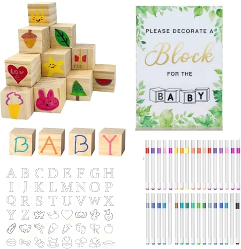 156-Piece Baby Shower Building Block Game Set, featuring 58 plain wooden blocks, 48 markers, 48 templates, 1 game instruction card, and 1 storage box—specially designed for parties (Leaves Theme) - color: Leaves