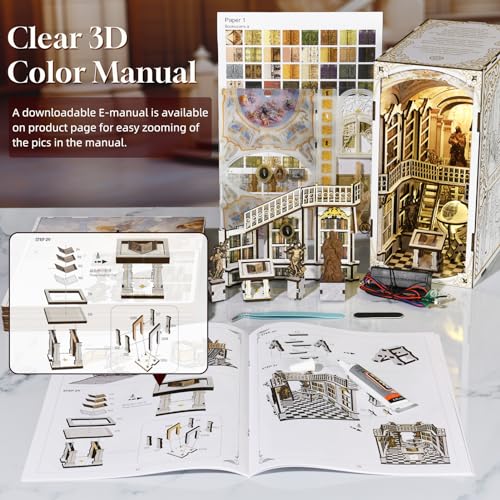 MiniCity Library of Gods Book Nook Kit, 3D Wooden Bookshelf Puzzle with LED | Build an abbey library in 6-8 hr; 261-piece kit includes LED, dust cover, glue/tools and guide for shelf display, ages 14+. - style: Library of Gods