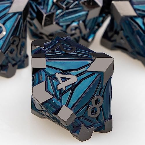 7PCS Metal DND Dice Set with Box, Debris RPG Black Blue D and D Dice for use with D&D Tabletop Games Role Playing Game Polyhedral Dice Set D20 D12 D10 D8 D6 D4 - color: Black Blue
