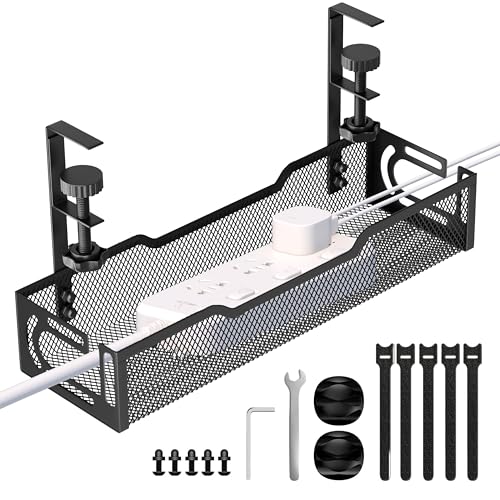 Under Desk Cable Management Tray, No Drill Mesh Cable Tray Cord Organizer | Wire Management Tray Cable Management Rack, Cable Management Box (Black) - color: 1Pack-Black (15.3'')