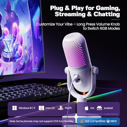 USB Microphone for PC Gaming: Condenser Microphone RGB for Gamer with Stand Mic - Recording Mic for Computer&Laptop with Qiuck Mute - Desk Podcast Mic for Podcast & Singing & Streaming & Youtube White - style: White