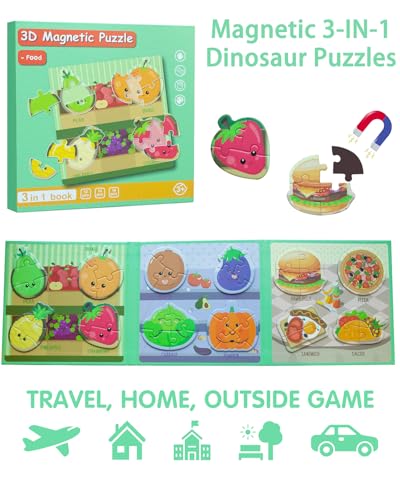 Magnetic Puzzles for Toddlers 2-4, Travel Puzzles Games for Kids Ages 1-3, Activities Toy Jigsaw Puzzles Book for Boys & Girls 1 2 3 4 5, Learning Magnet Present for Road Trip - style: Food
