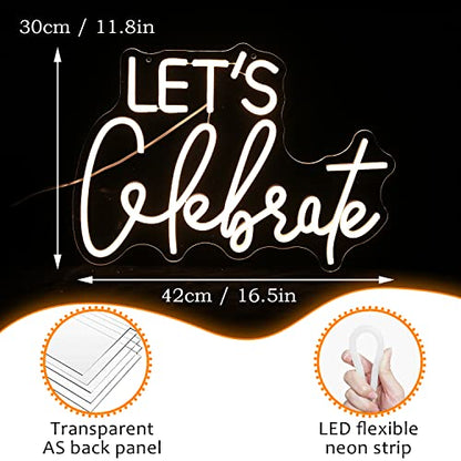Let's Celebrate Neon Sign Dimmable Warm White Neon Light Let's Celebrate Neon Signs for Wall Decor Powered by USB Words LED Lights for Bedroom Party Thanksgiving(16.5"x11.8") | USB Powered Letters Led Signs,Party Holiday Led Light Sign,Graduation back to