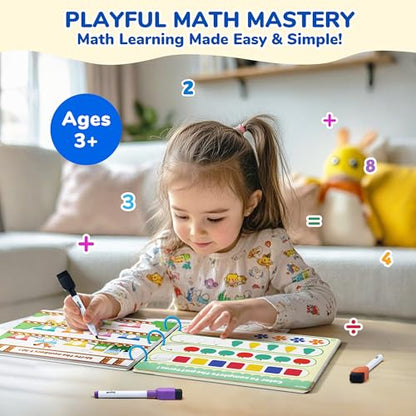 JoyCat Math Busy Book for Toddlers Reusable Preschool Workbook for Ages 3–8 | with 10 Dry-Erase Markers, Number Tracing & Counting Activity Book for Kids, Kindergarten Learning Activities, Travel-Ready - style: 5. Math