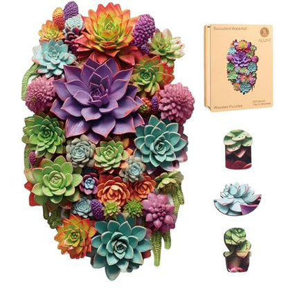 Delobil Puzzles for Adults with Puzzle Saver - Succulent Wooden Puzzle Gifts Unique Adult Jigsaw Puzzles Brain Teaser Family Game 200 Pieces 12.6" X 7.8" - color: Succulent Waterfall, size: 200Pcs