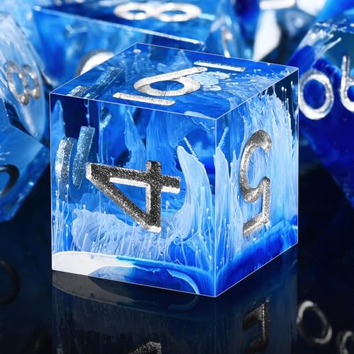 AUSTOR 7-Die DND Dice Set Handmade Sharp Edge Polyhedral Dice for Dungeons and Dragons D&D RPG MTG Table Games（Blue & Wave, Silver） - color: Blue & Wave，silver