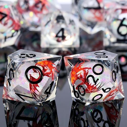 Red Dragon DNDND Sharp Dice with Black Numbers | Liquid Core 7-Piece D&D Dice Set | Dragon Themed Metal Case | Ideal RPG Gift - color: Liquid Dragon
