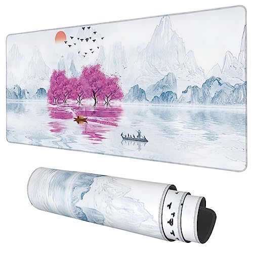Desk Mat, Cherry Blossom Tree Oil Ink Painting Extended Gaming Mouse Pad Large, 35.4"x15.7" Big Mouse Pad with Non-Slip Base and Stitched Edge, Long Computer Keyboard Mouse Mat for Home Office Work - color: Cherry Blossom Tree Oil Ink Painting, size: 15.7