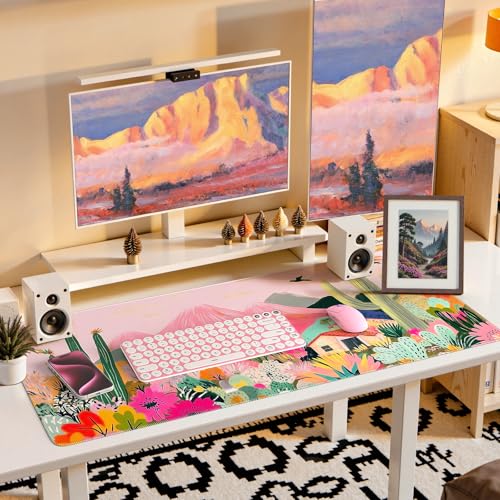 iCasso Desk Mat,Cute Mouse Pad for Desk,35"x16",Home Office, Cactus | Waterproof Desk Pad with Non-Slip Rubber Base and Stitched Edges, Extended Keyboard Mousepad for Computer, Home Workspace - color: A-cactus