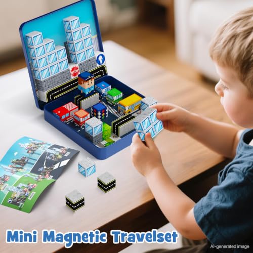 City Traffic Magnetic Blocks Set Fully Encased Magnets Non-Toxic | Child-Safe STEM Toys & Choking-Proof Travel Learning Gift for Ages 3-8 Car/Airplane Toddler Toy Birthday - style: City Traffic 49