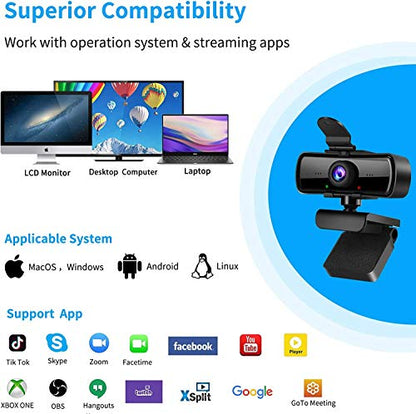 1080P HD Webcam with Microphone and Privacy Cover, USB Plug & Play Computer Camera, 120° Wide Angle Fixed Focus Web Camera for Video Conferencing, Online Learning, Streaming and Gaming
