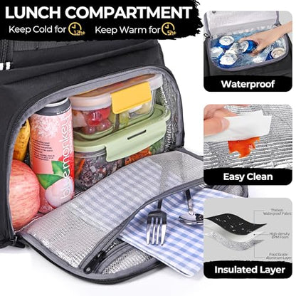 HILOMON Backpack with Insulated Lunch Compartment Cooler Bookbag Combo | 17" Laptop Compartment, USB Charging Port, Chest Strap, Anti-Theft Pocket, 2-in-1 Insulated Cooler Lunchbox Work Backpackbag