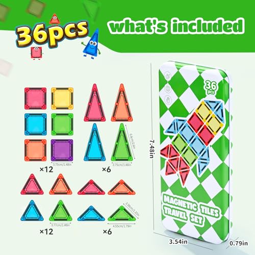 ZNZ Mini Magnetic Tiles 36PCS Travel Set with Case, Portable Magnetic Blocks Building Toys, Montessori Preschool Classroom Must Haves Sensory STEM Toys, Birthday Gift for Boys Girls Ages 3-8 - style: 36