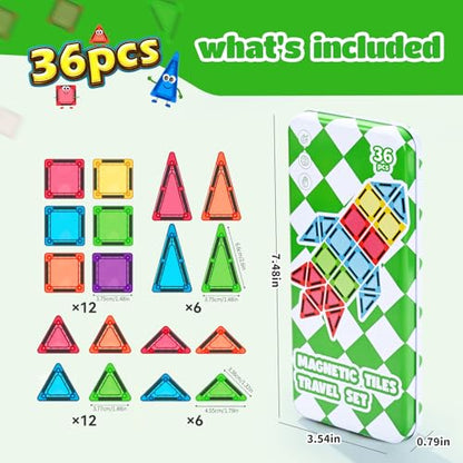 ZNZ Mini Magnetic Tiles 36PCS Travel Set with Case, Portable Magnetic Blocks Building Toys, Montessori Preschool Classroom Must Haves Sensory STEM Toys, Birthday Gift for Boys Girls Ages 3-8 - style: 36