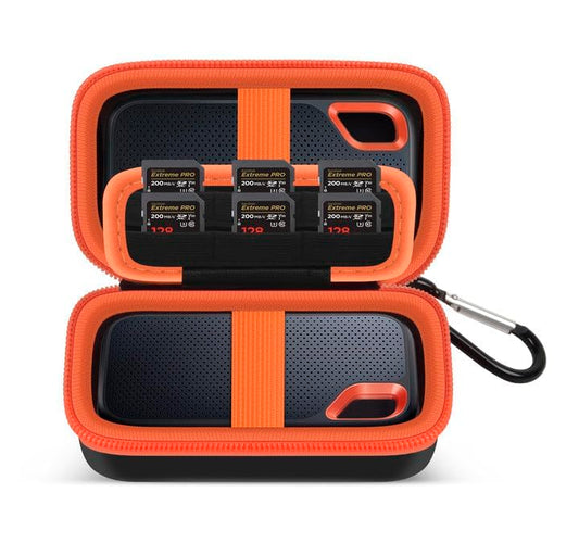 Comecase Dual SSD Case for SanDisk Extreme Portable SSD and Extreme PRO | Holds 2 Drives & 12 SD Cards, Elastic Straps Fit 500GB/1TB/2TB/4TB/8TB SSD, Cable Groove and Carabiner for Travel, Case Only - color: Black+Orange