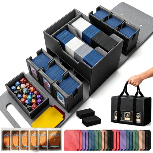 MTG Deck Box for Commander & TCG, Trading Card Storage Box with Handle | 7-in-1 Cards Deck Case with dual-sided windows, 2-layer design, 6 deck case, 1 dice tray, 6 magnetic holders & accessories - color: Super Large - Black