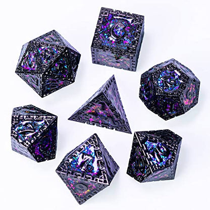 UDIXI Metal DND Dice Set, 7PCS Polyhedral Metal Dice Set D&D Dragon with Gift Box for Role Playing Games and Other Tabletop Game (Purple Sequins) - color: Chain Frame-black With Purple Sequins