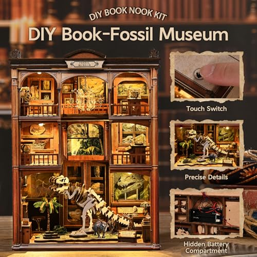 DIY Book Nook Kit, 3D Wooden Puzzle for Adults, Miniature House Kit with Touch LED Light, Gothic Bookshelf Insert Decor, Creative Hobby Gift for Fantasy Lovers - style: Fossil Museum